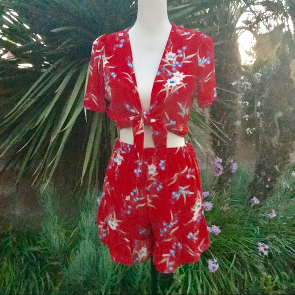 🔥🔥🔥Red Orange floral two-piece crop short set - Picture 5 of 12